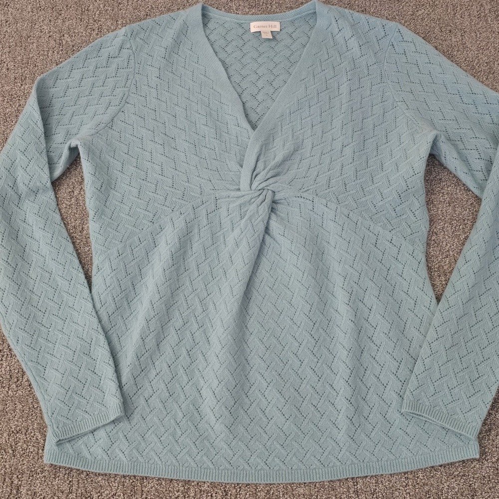 Garnet Hill Cashmere Twist Bodice Sweater S V-Neck Pointelle Stitch Quiet Luxury